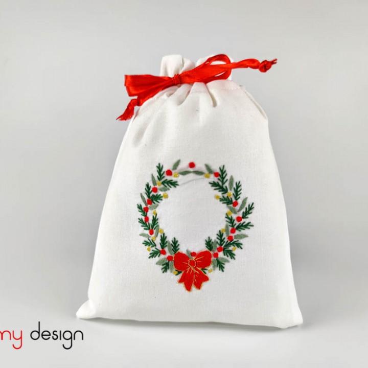  Small white Christmas bag with Holly embroidery